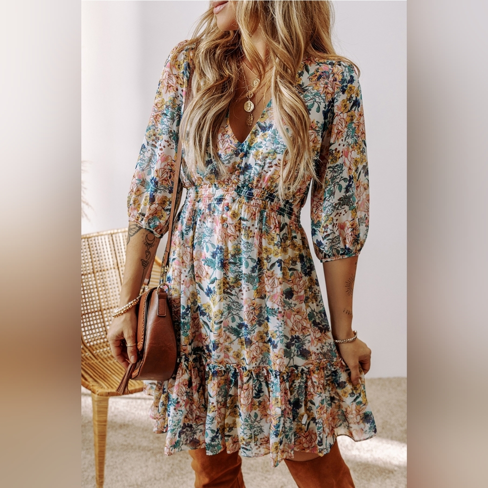 Floral Print Dress with Puff Sleeves